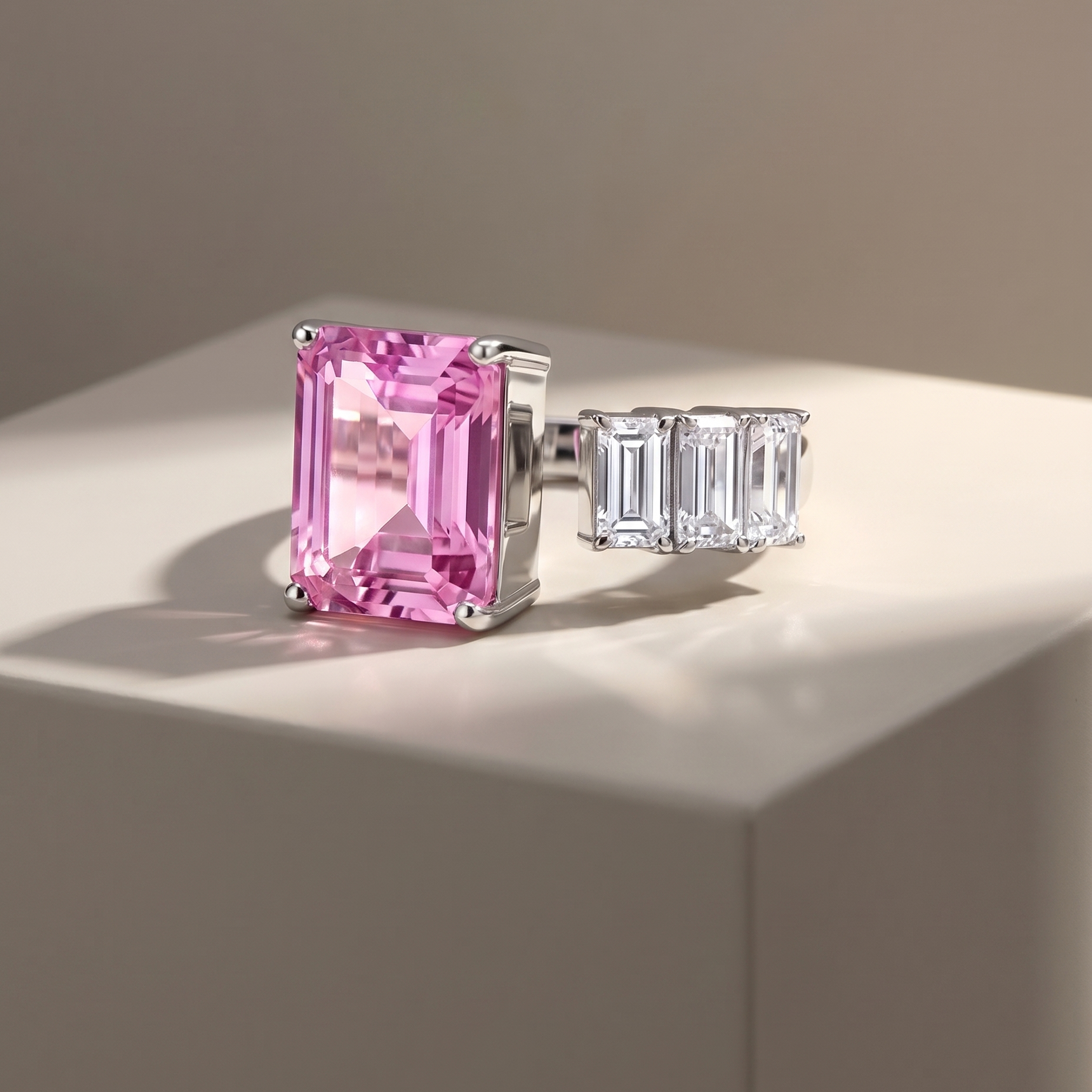 Open ring with a light pink and three diamond side stones on a beige background; all gemstones are emerald cut