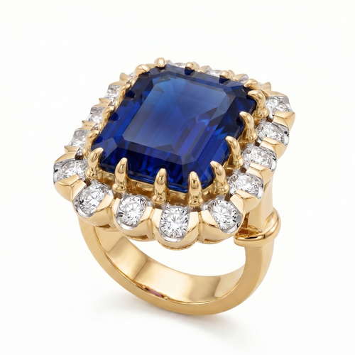 Gold ring, vintage inspired design, the ring has a blue sapphire emerald large gemstone with a diamond halo; ring shown on a white background