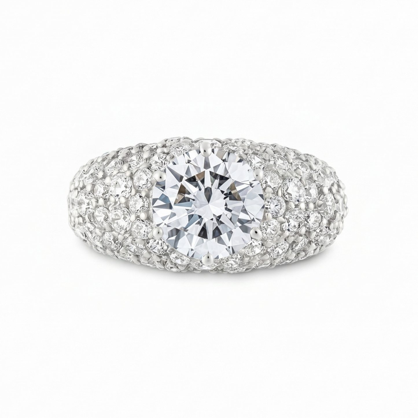 Large fully pave domed diamond ring with a white background