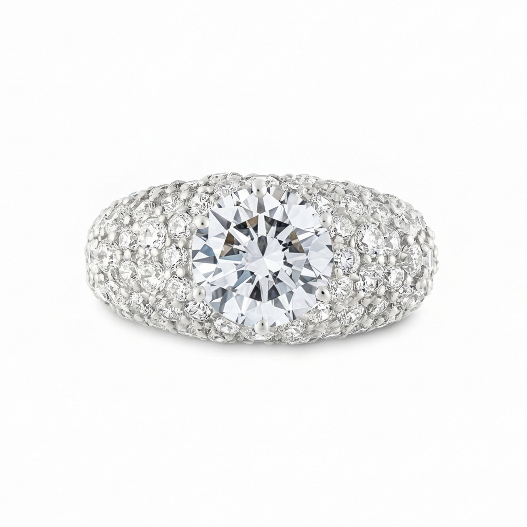 Large fully pave domed diamond ring with a white background