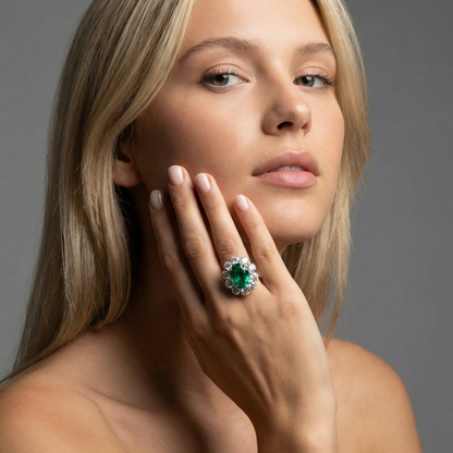 Velara Grand Halo Ring – Colombian Green Emerald