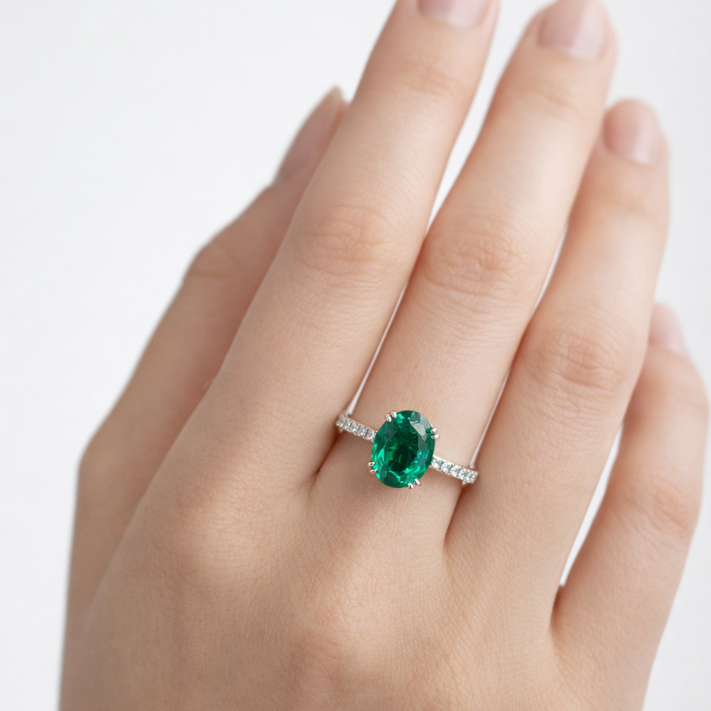 Velara Pavé Solitaire Ring – Colombian Green Emerald