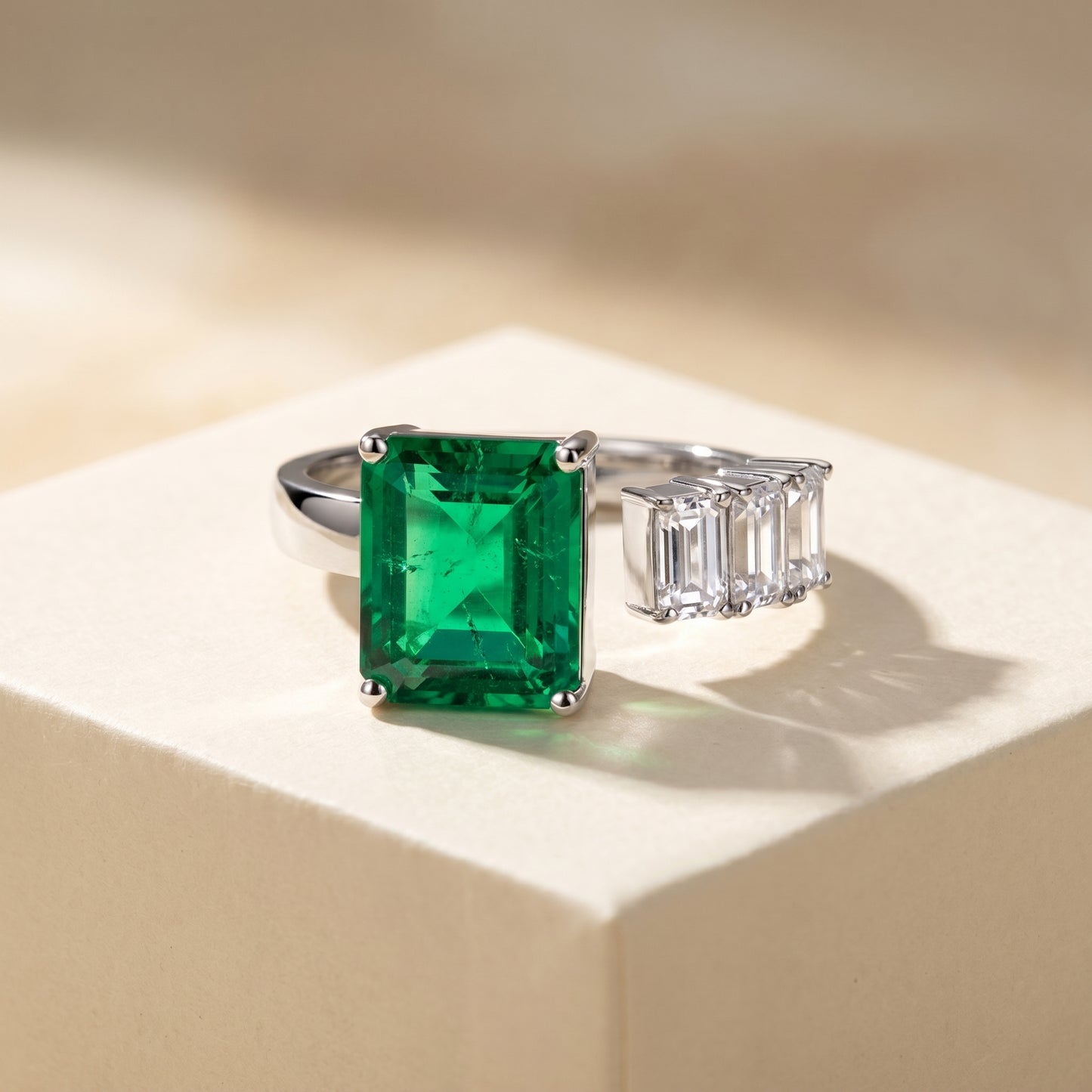 Open ring with a Colombian green emerald and three diamond side stones on a beige background; all gemstones are emerald cut