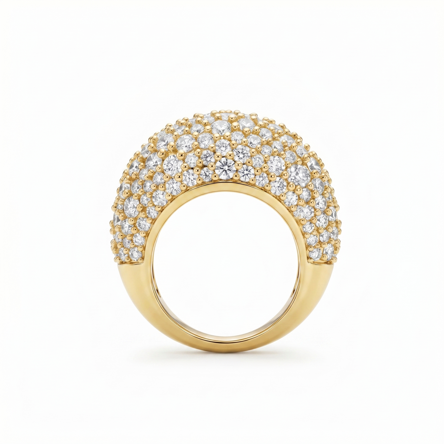 Double domed sculptural large statement ring, fully diamond pave. Large ring, mosaic pave, yellow gold and diamonds. Cutout product photo on a white background.