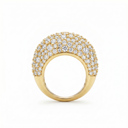 Double domed sculptural large statement ring, fully diamond pave. Large ring, mosaic pave, yellow gold and diamonds. Cutout product photo on a white background.