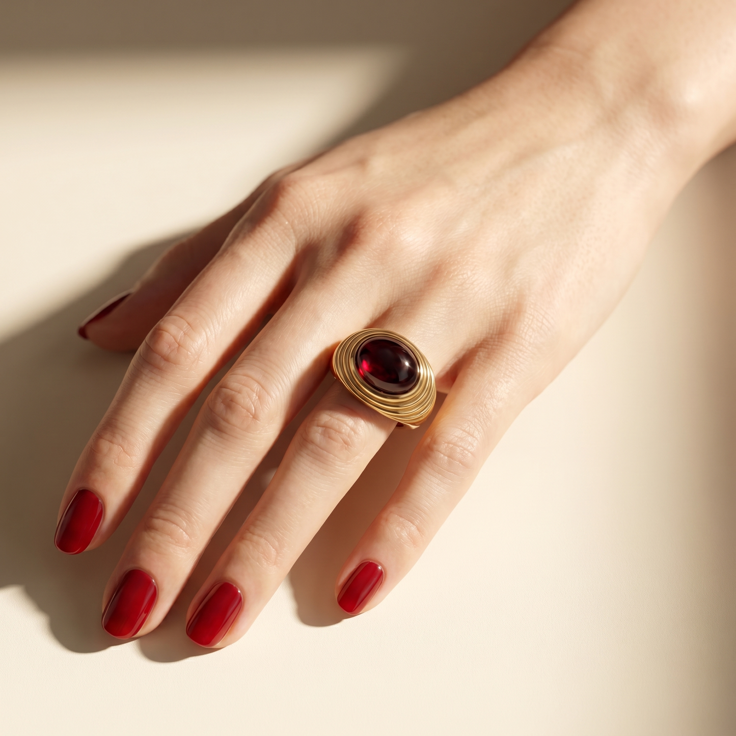 Velara Cabochon Ring – Deep Red Garnet