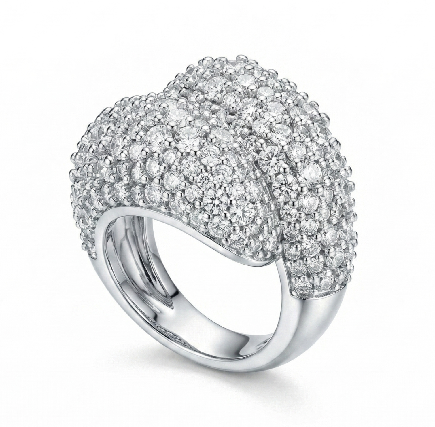 Double domed sculptural large statement ring, fully diamond pave. Large ring, mosaic pave, white gold and diamonds.