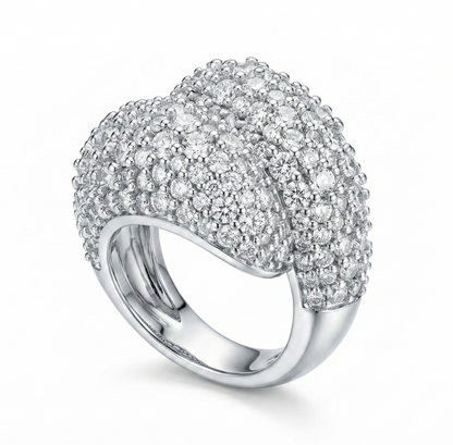 Double domed sculptural large statement ring, fully diamond pave. Large ring, mosaic pave, white gold and diamonds.