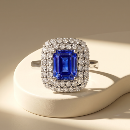 Nexus Double Halo Ring – Blue Sapphire