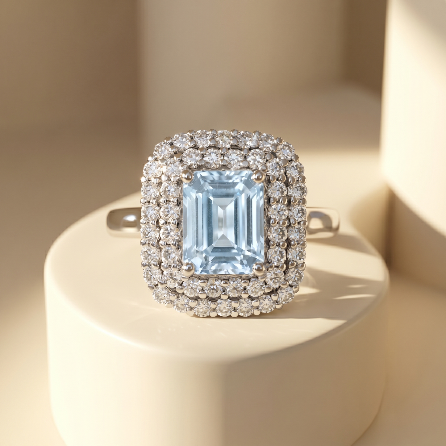 Nexus Double Halo Ring – Light Blue Aquamarine