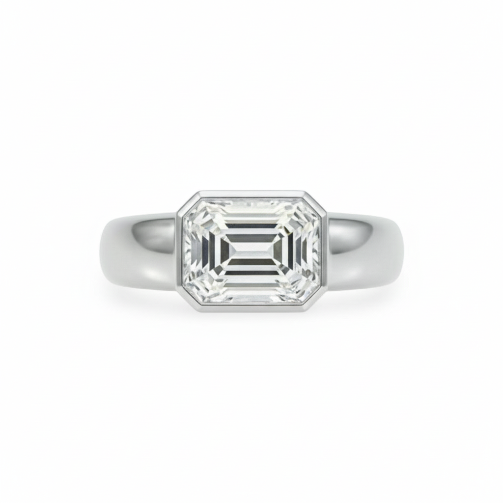 White gold ring with a large emerald-cut diamond, bezel set, east-west, laterally set, chunky band; the ring is shown on a white background