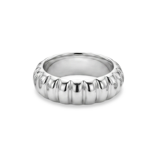 white gold ring with a ribbed design on a white background