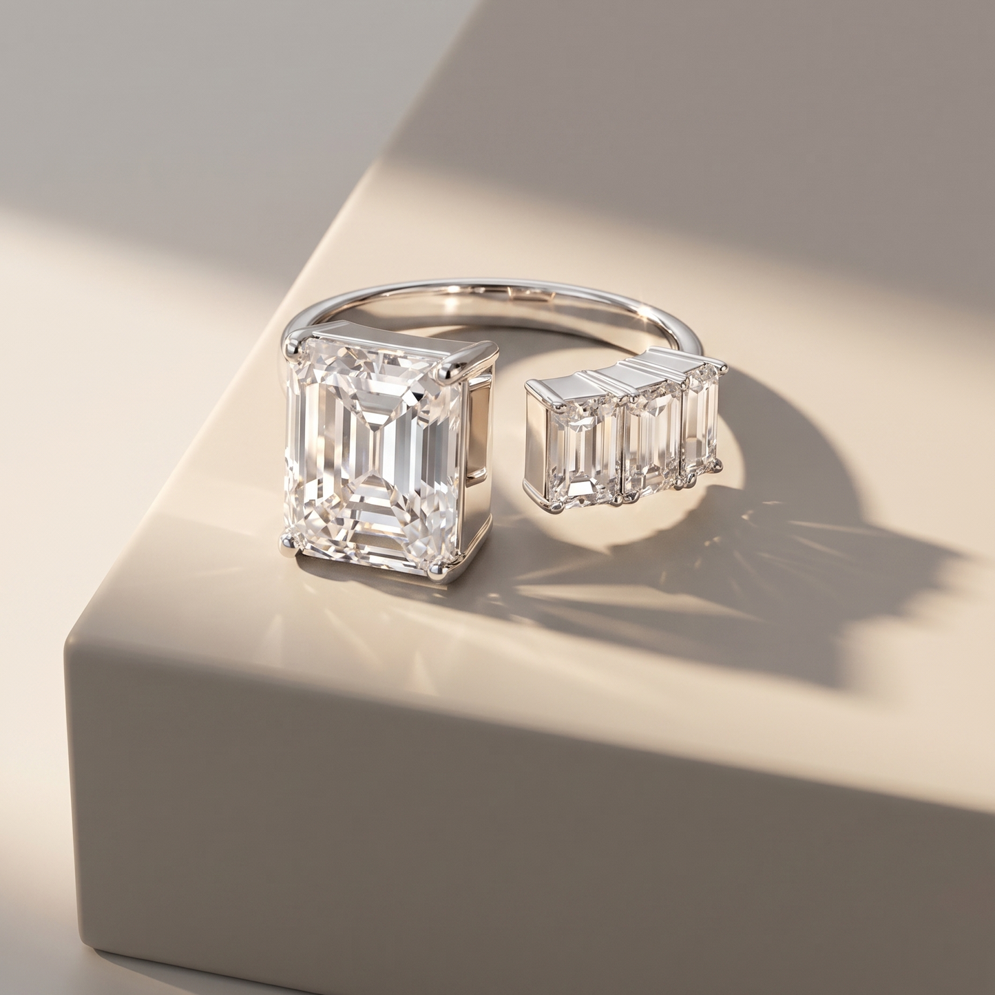 Diamond open ring with emerald cut diamonds shown on a neutral background