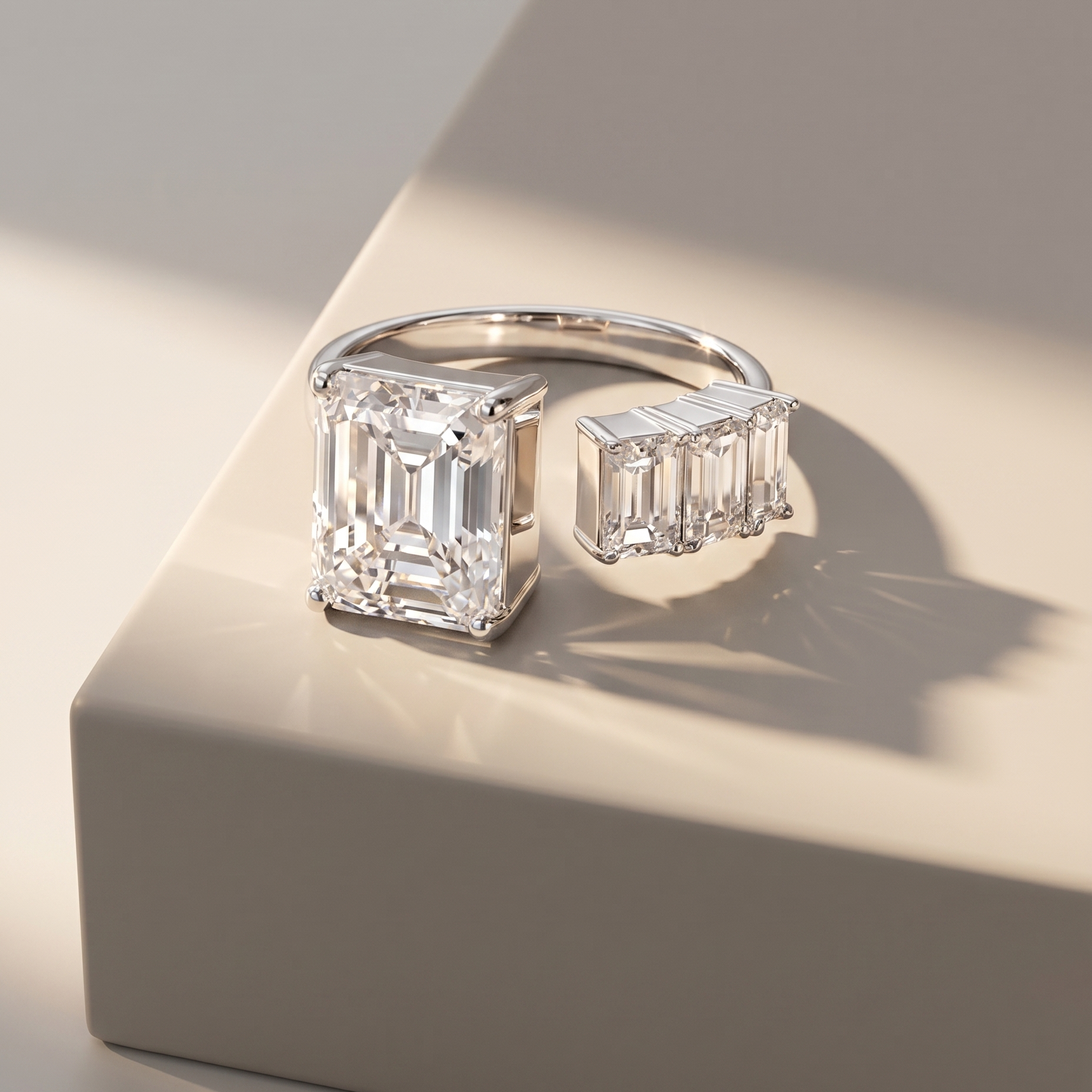 Diamond open ring with emerald cut diamonds shown on a neutral background