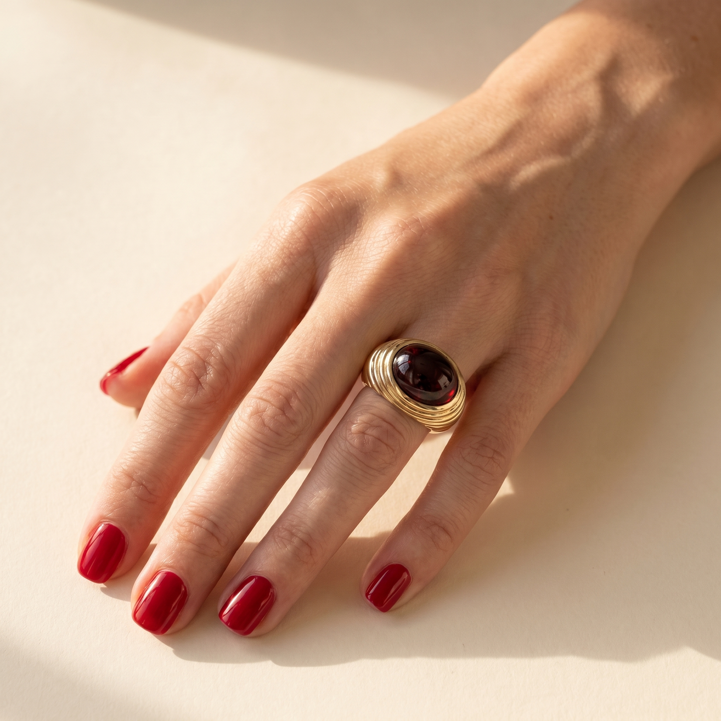 Velara Cabochon Ring – Deep Red Garnet