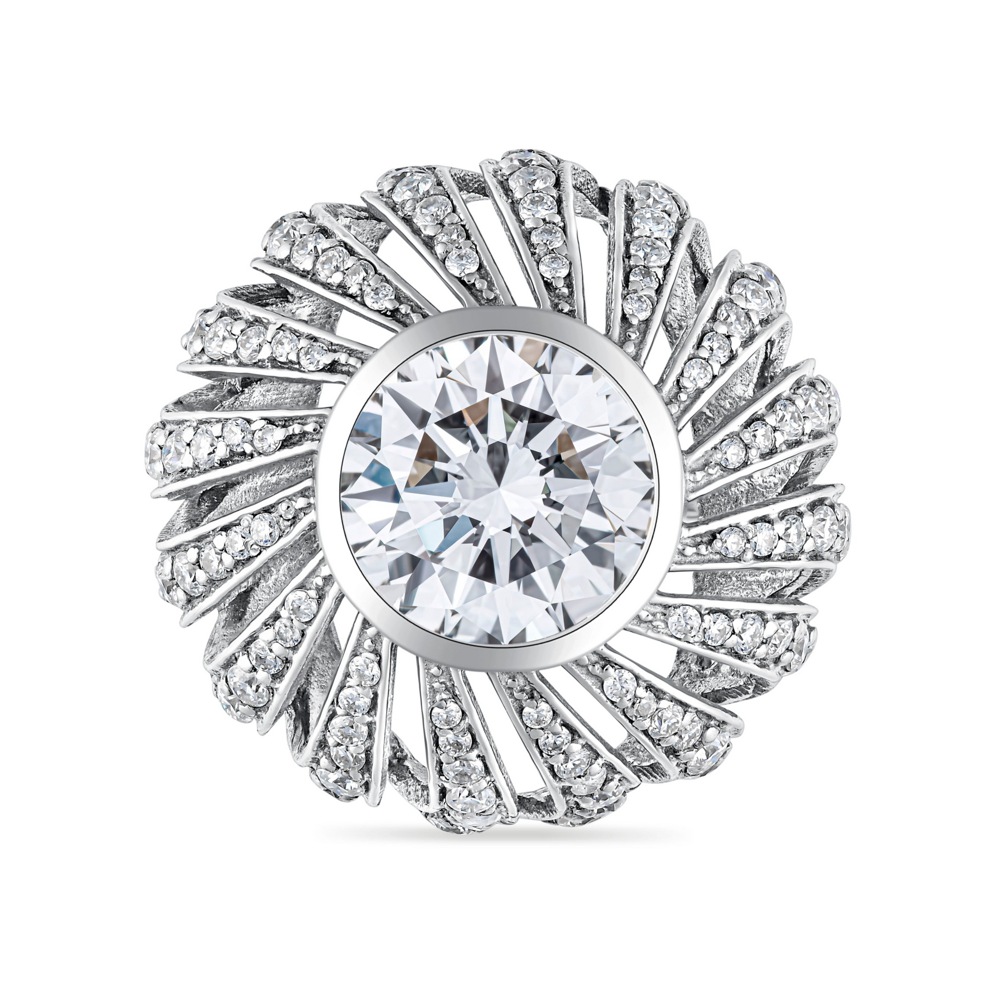 White gold large sculptural statement ring with a large central diamond and smaller stones in a wheel tourbillon vintage inspired design on a white background