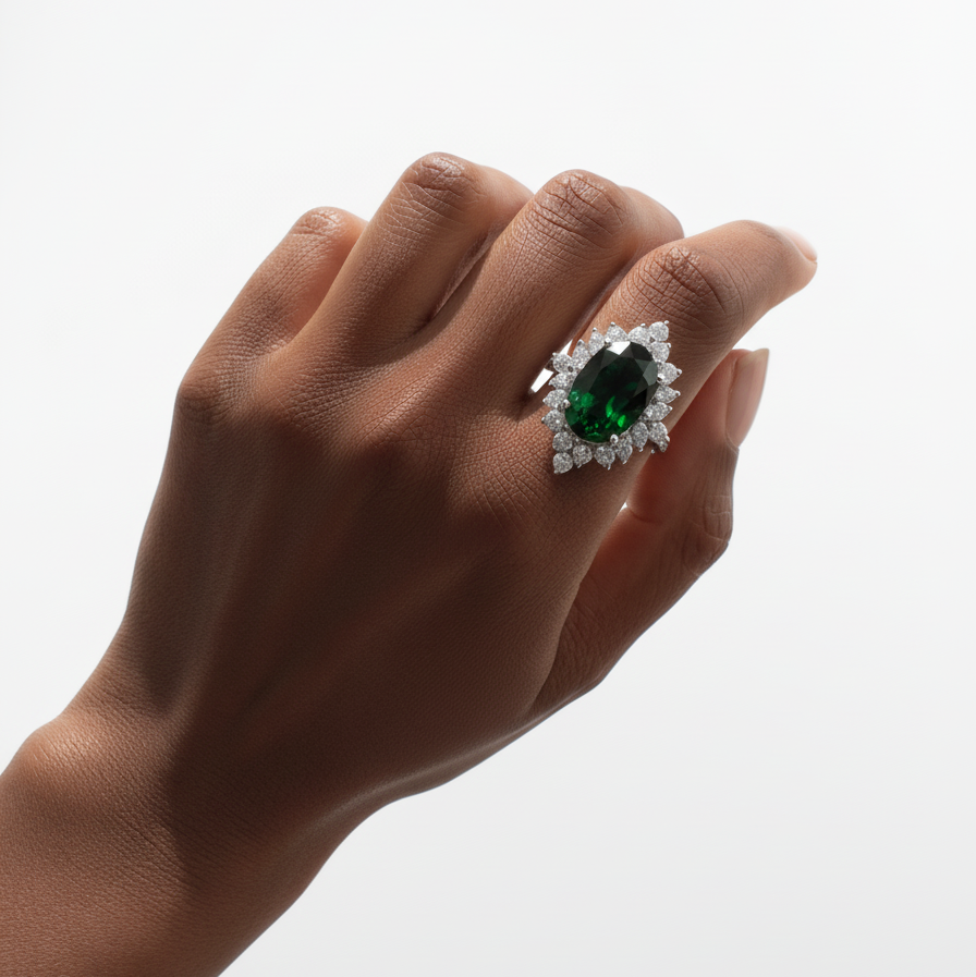 Hand wearing a white gold ring with a lab grown oval cut Zambian emerald, surrounded by a halo of mix cut lab grown diamonds, shown on a white background