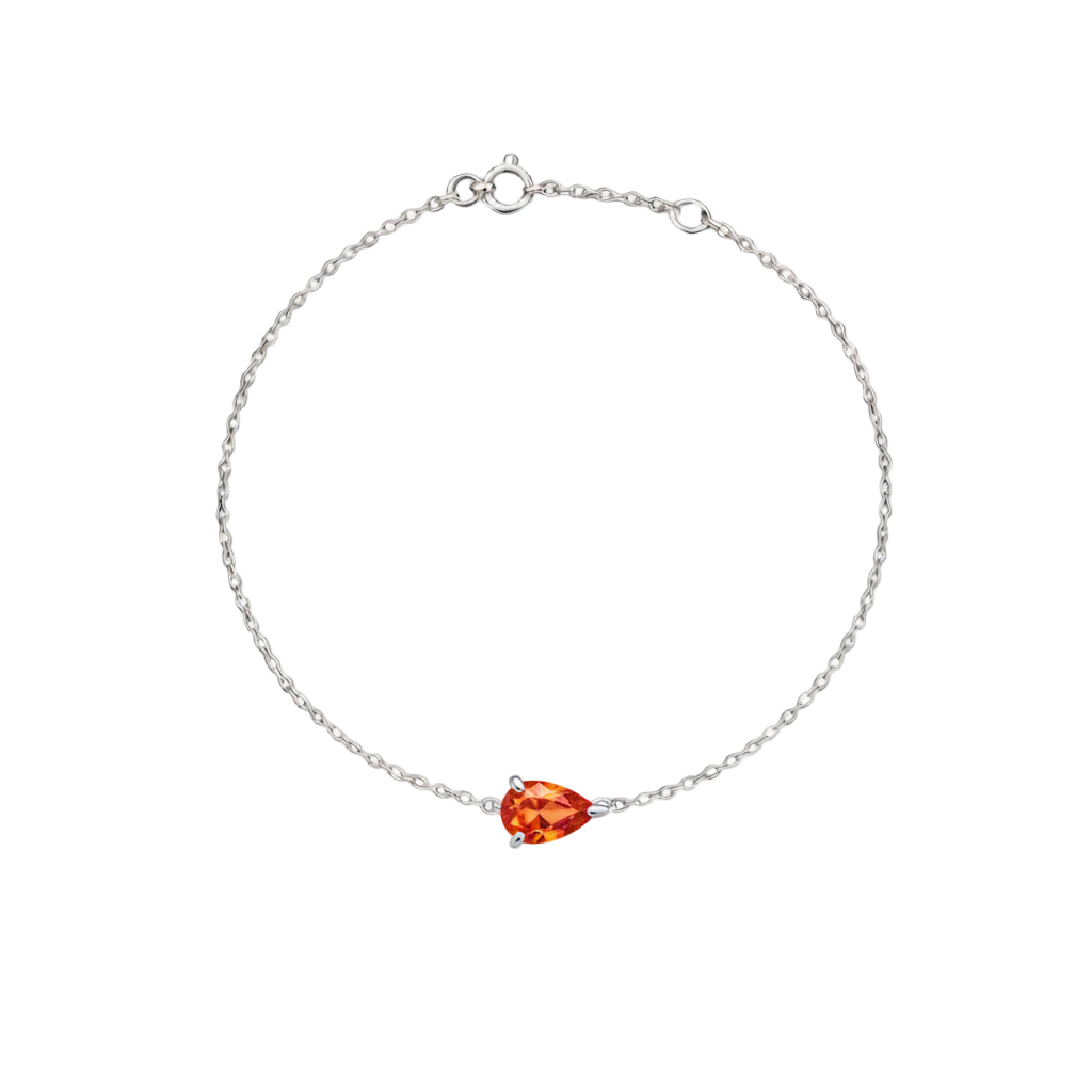 White gold bracelet with a pear cut orange sapphire, on a white background