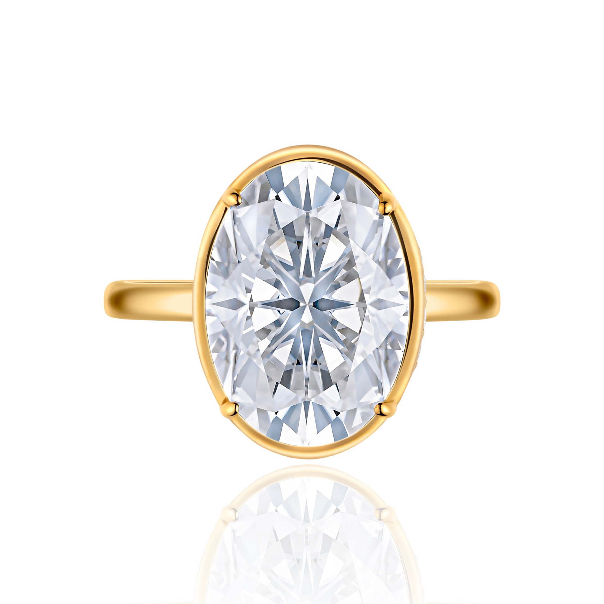 Gold ring with a large oval diamond and hidden halo on a white background