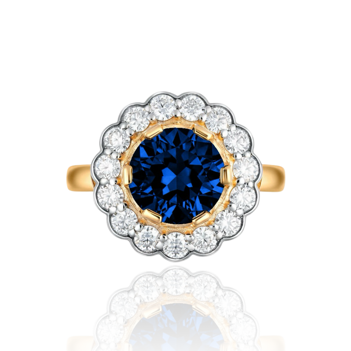 Gold daisy design vintage inspired ring with a blue sapphire and diamond-studded halo on a white background