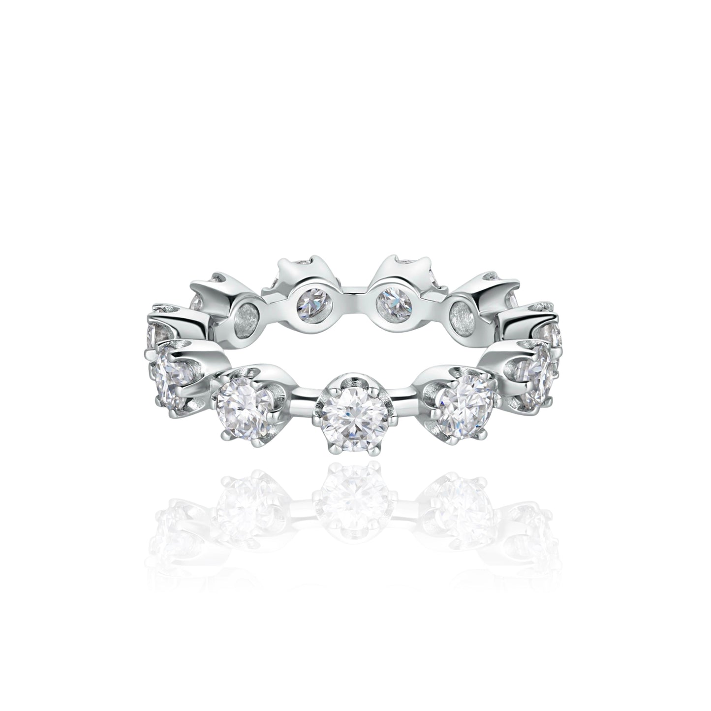 white gold ring with round cut diamonds in a vintage setting on a white background