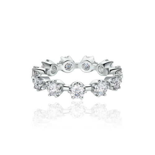 white gold ring with round cut diamonds in a vintage setting on a white background