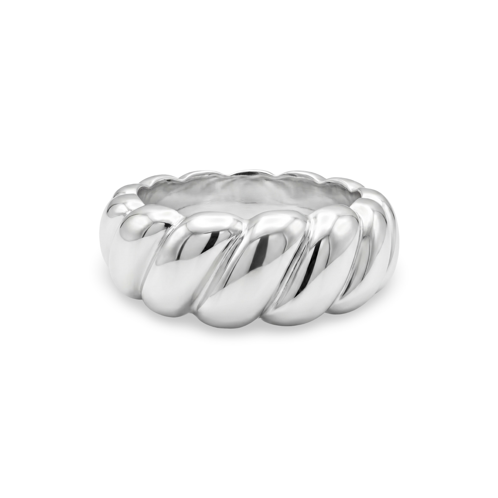 White gold ring with a twisted rope design on a white background