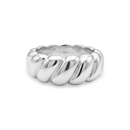 White gold ring with a twisted rope design on a white background