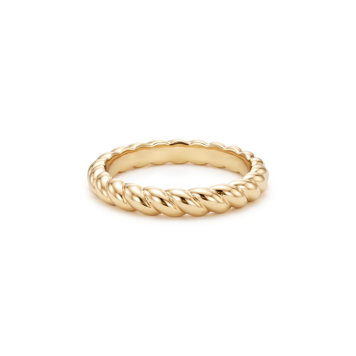 Gold ring with a twisted rope design on a white background