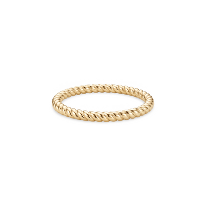 Gold ring with a twisted rope design on a white background
