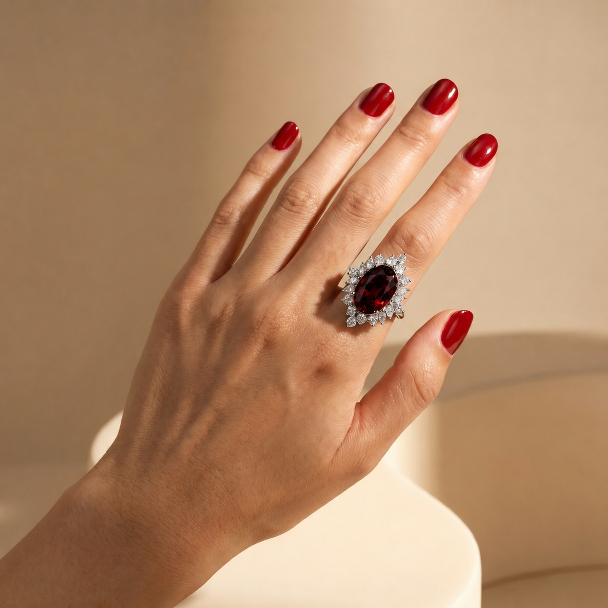 Velara Crown Ring – Deep Red Garnet