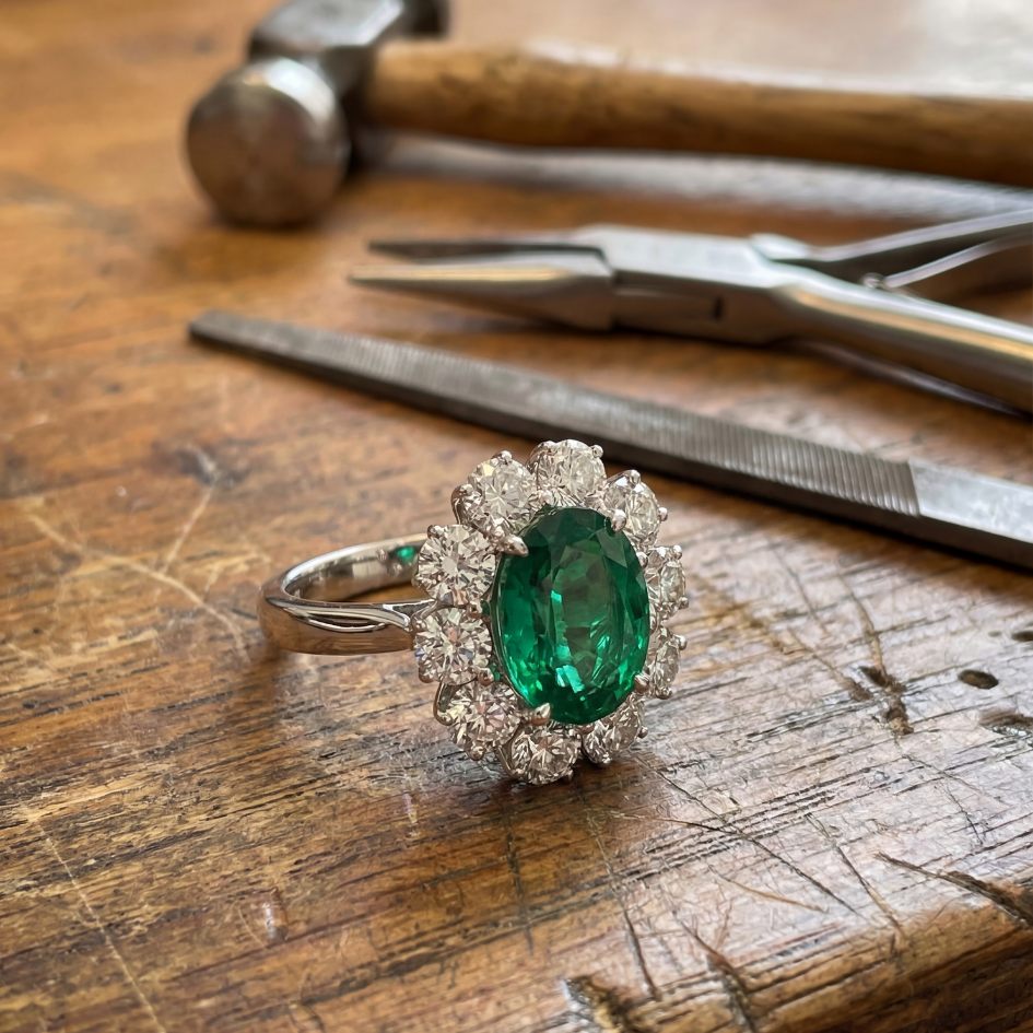 Velara Grand Halo Ring – Colombian Green Emerald