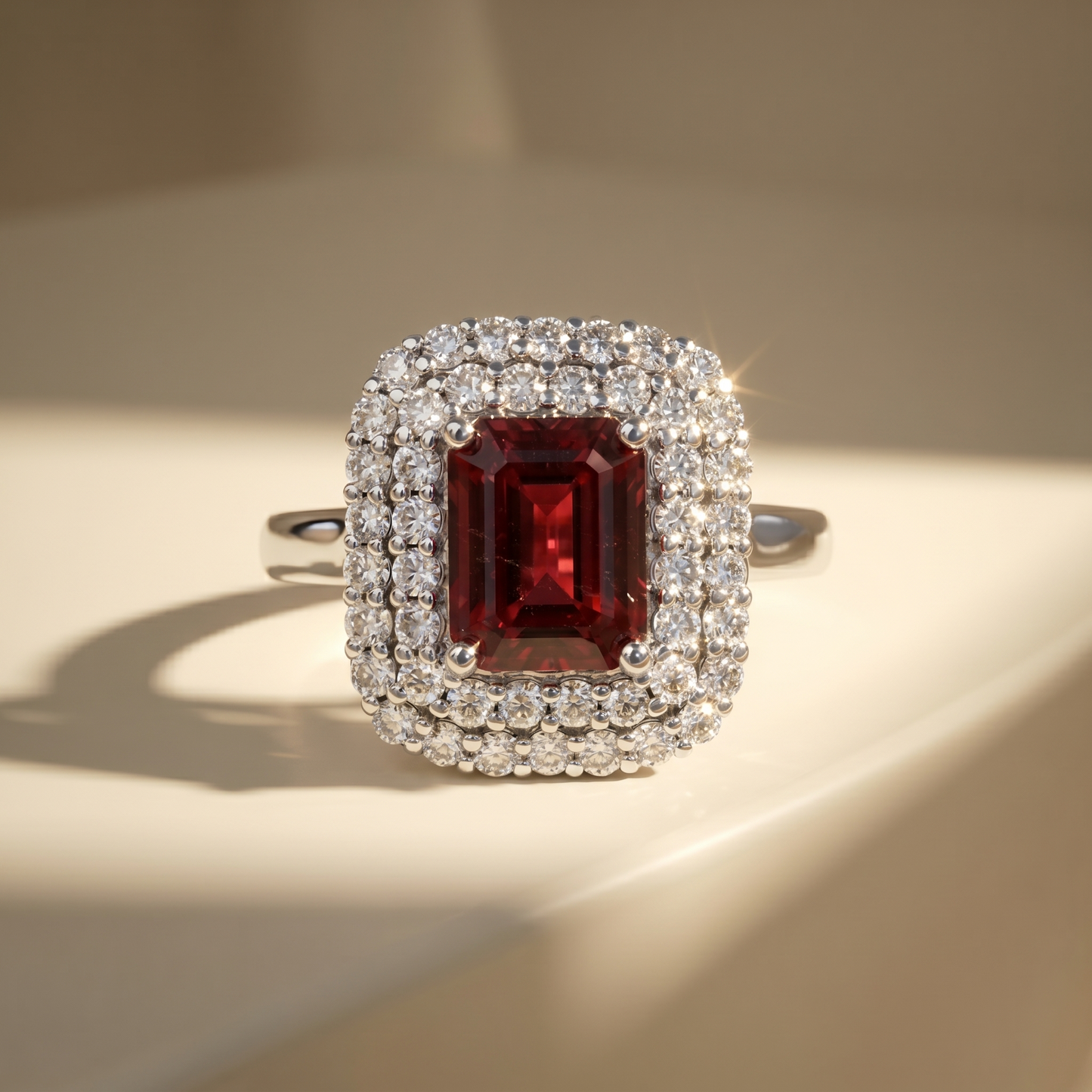 Nexus Double Halo Ring – Deep Red Garnet