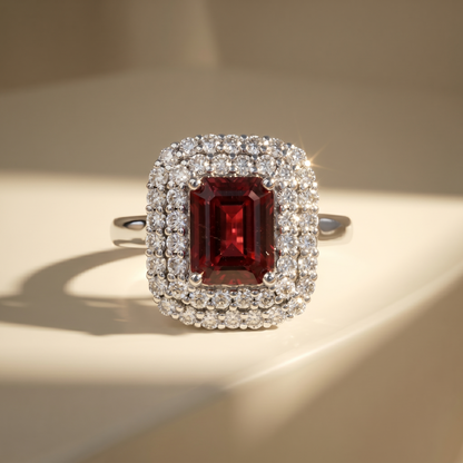 Nexus Double Halo Ring – Deep Red Garnet