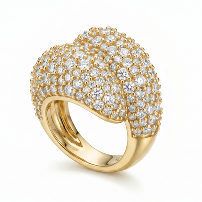 Double domed sculptural large statement ring, fully diamond pave. Large ring, mosaic pave, yellow gold and diamonds. Cutout product photo on a white background.