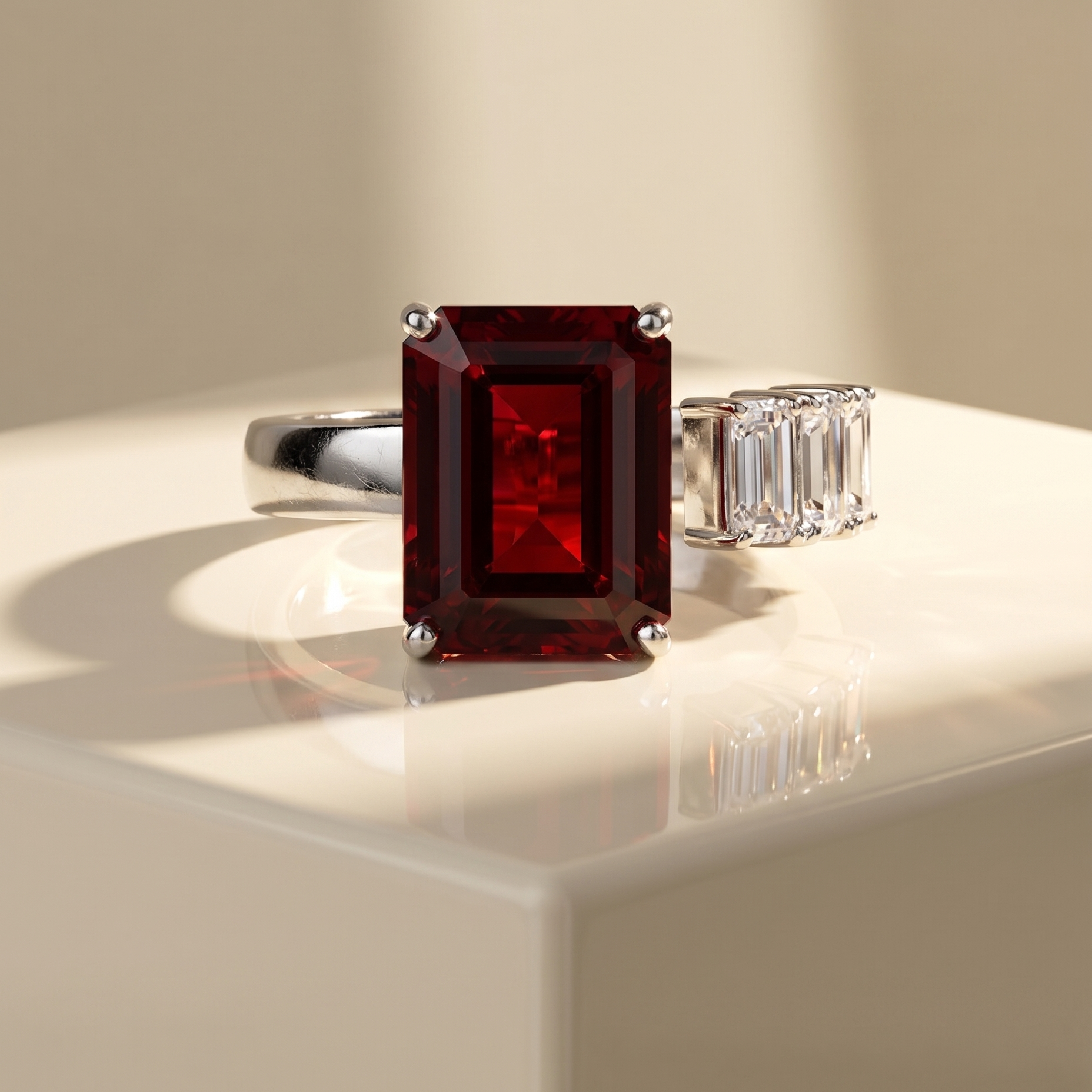 Open ring with a very dark red ruby and three diamond side stones on a beige background; all gemstones are emerald cut
