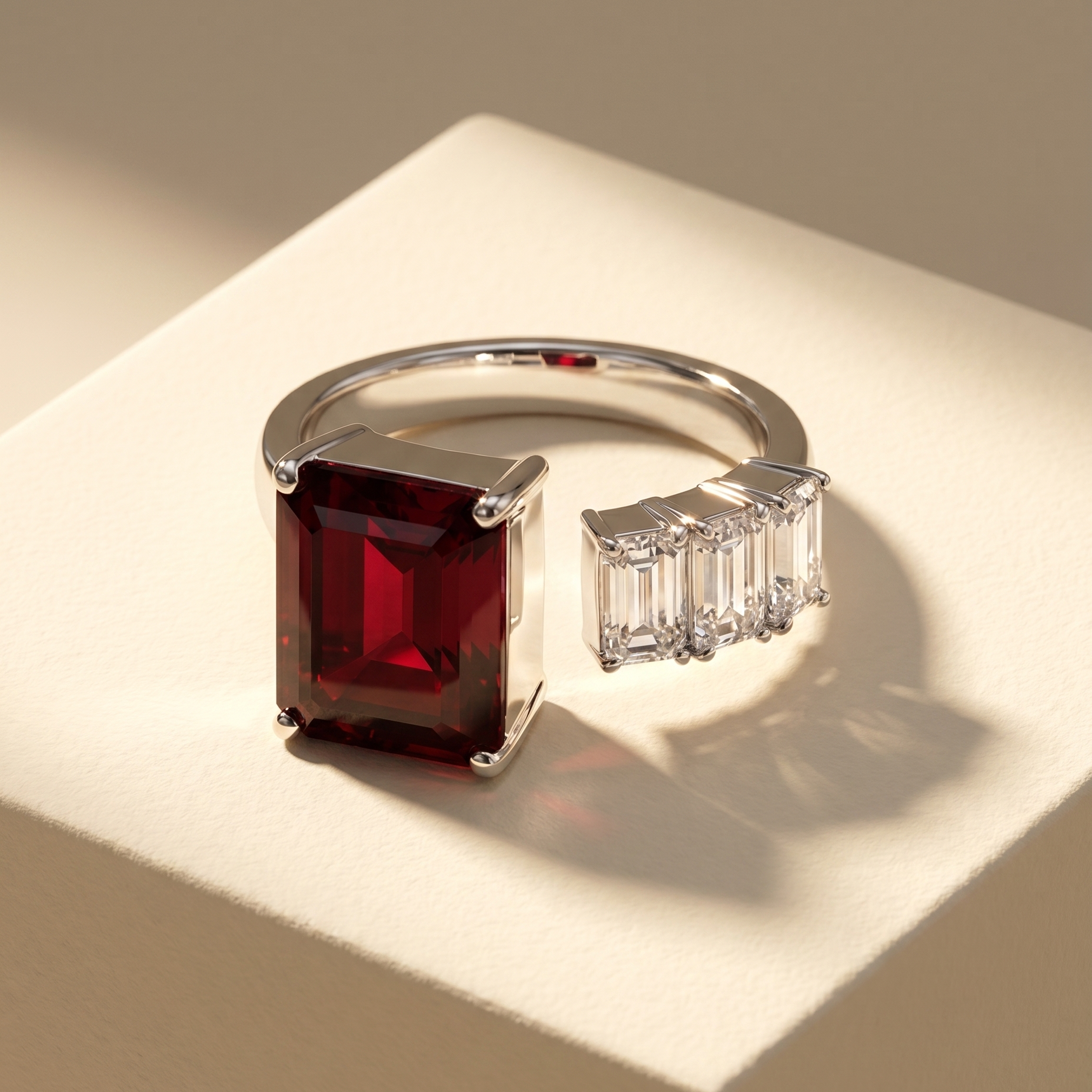 Open ring with a very dark red ruby and three diamond side stones on a beige background; all gemstones are emerald cut
