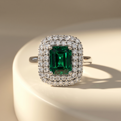 Nexus Double Halo Ring – Zambian Green Emerald
