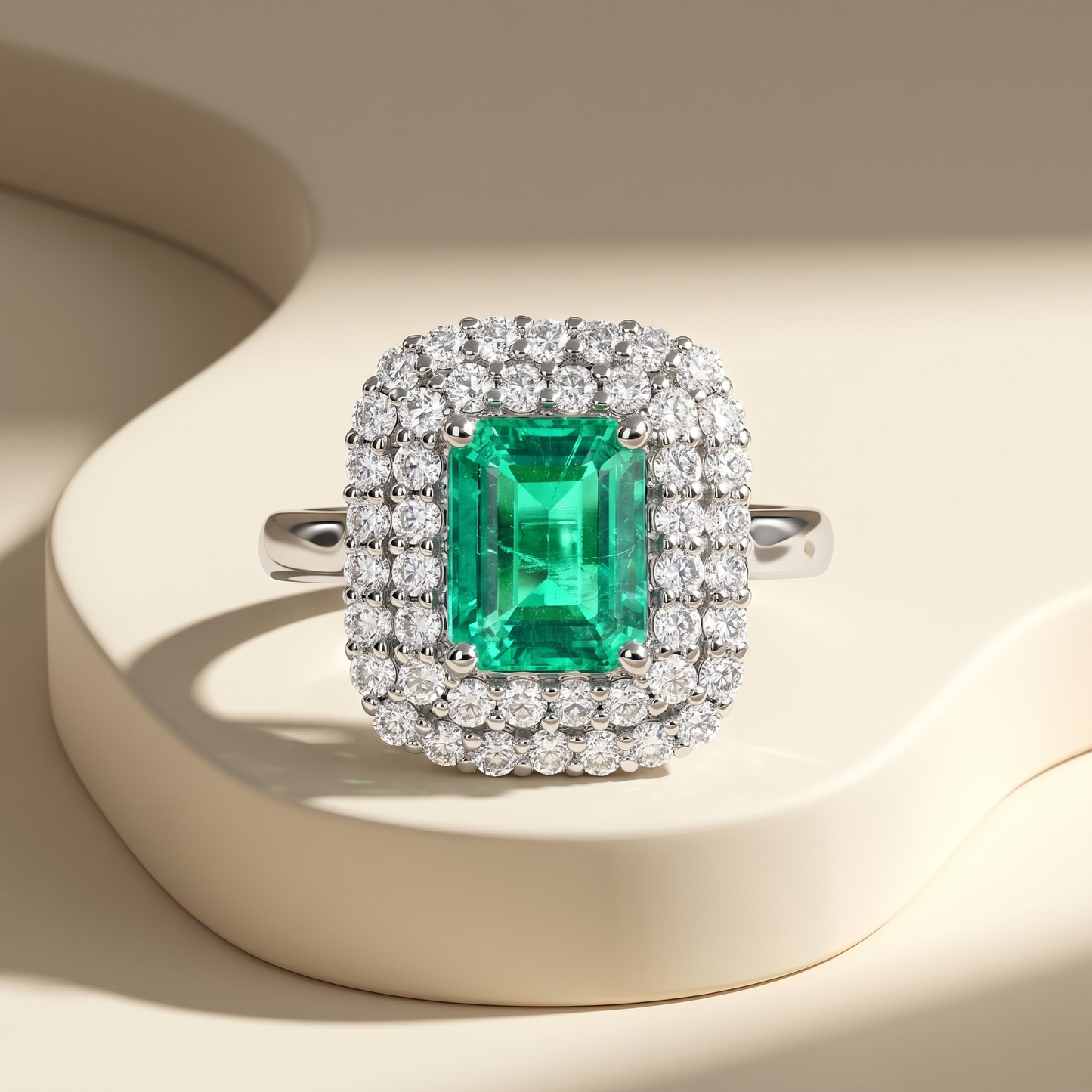 Nexus Double Halo Ring – Colombian Green Emerald