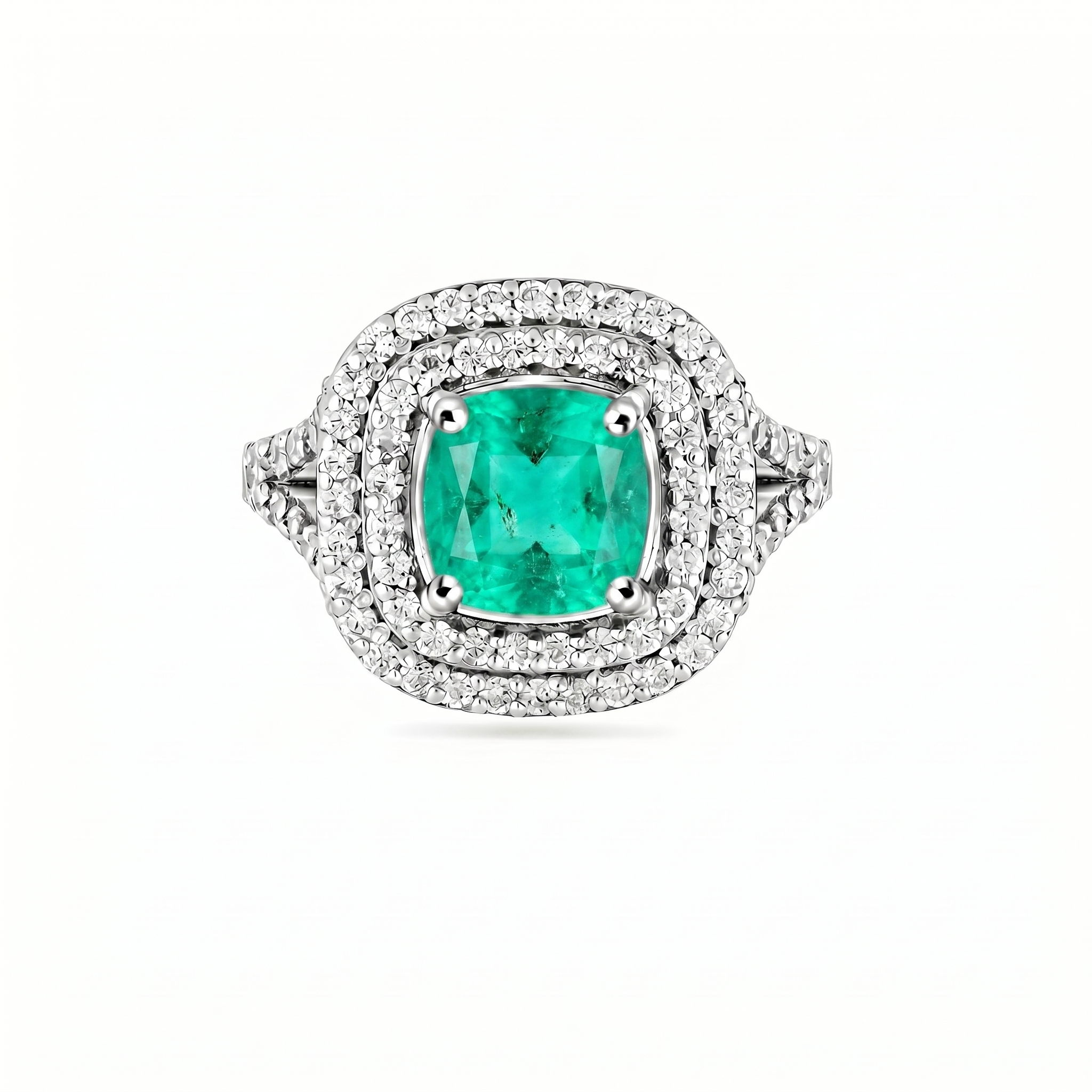 Aria Double Halo Ring – Colombian Green Emerald