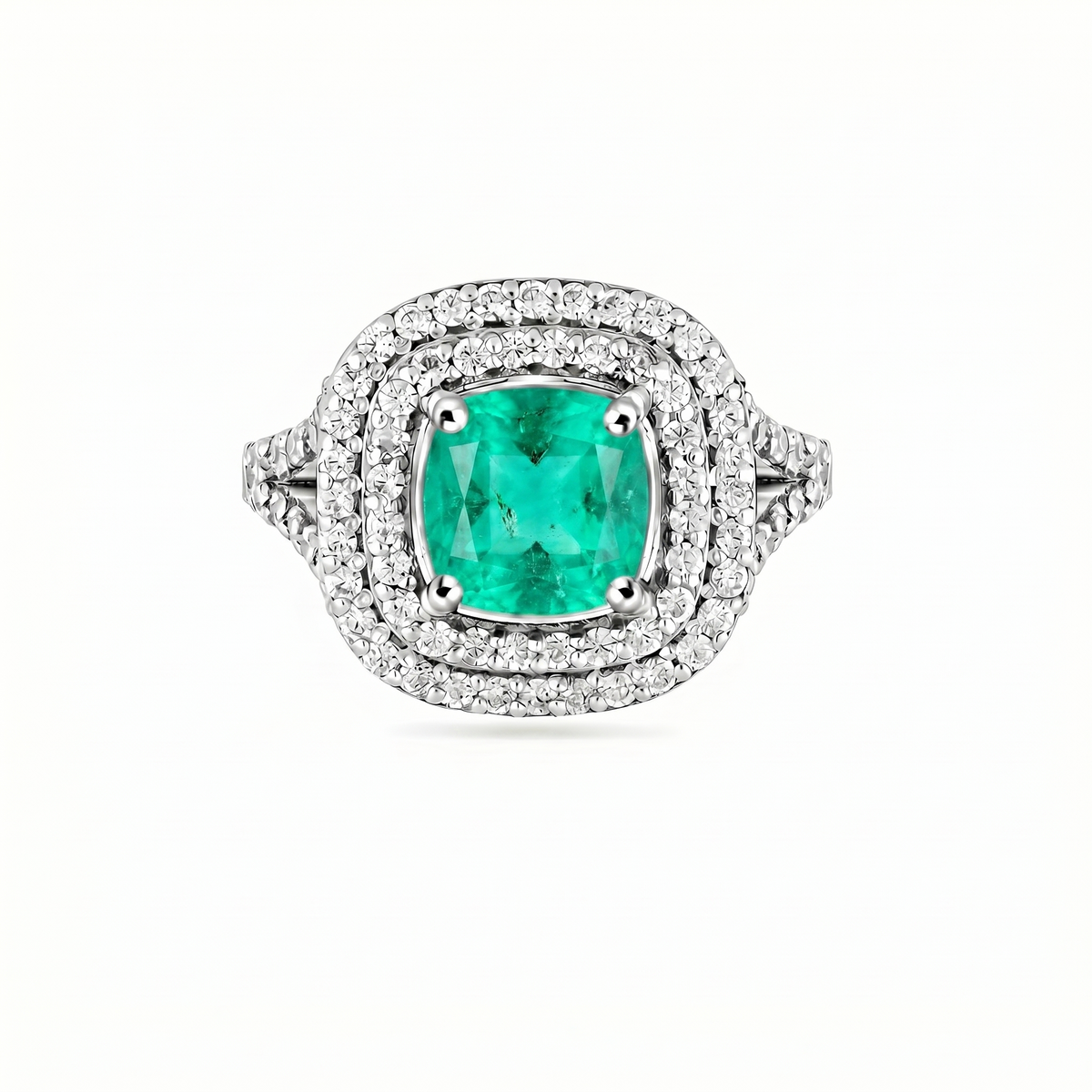 Aria Double Halo Ring – Colombian Green Emerald