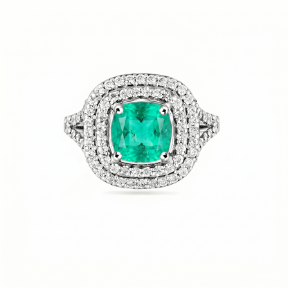 Aria Double Halo Ring – Colombian Green Emerald