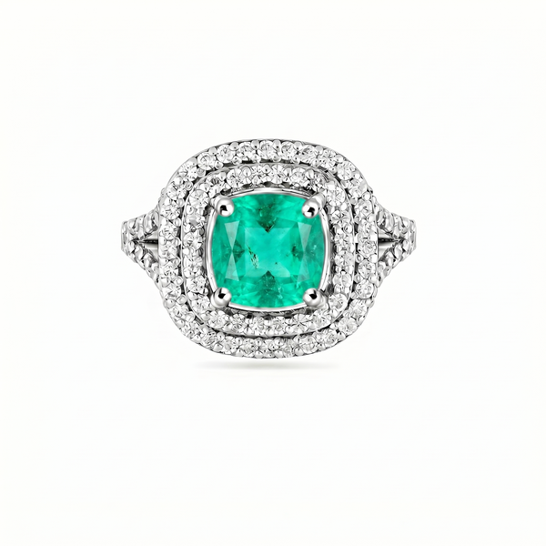 Aria Double Halo Ring – Colombian Green Emerald
