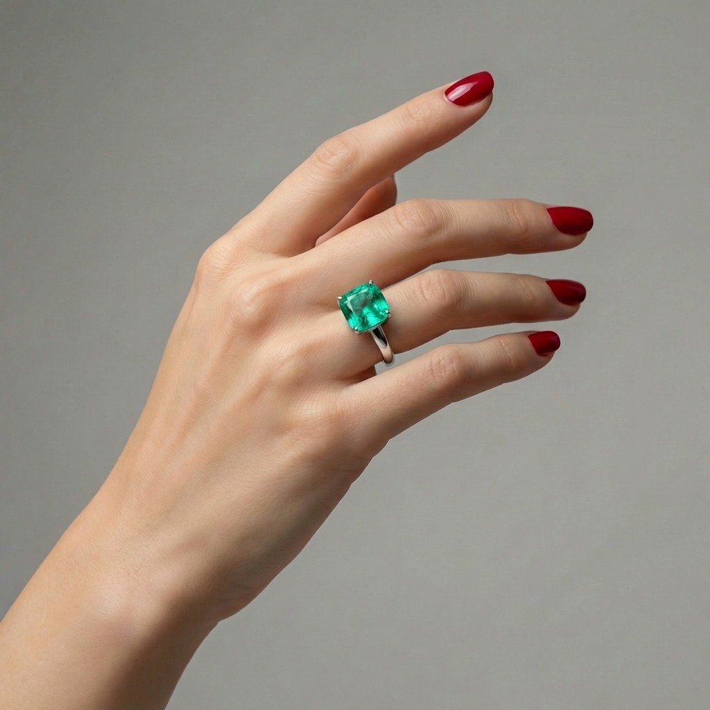 Aria Cushion Solitaire Ring – Colombian Green Emerald