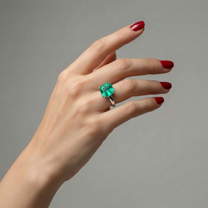 Aria Cushion Solitaire Ring – Colombian Green Emerald