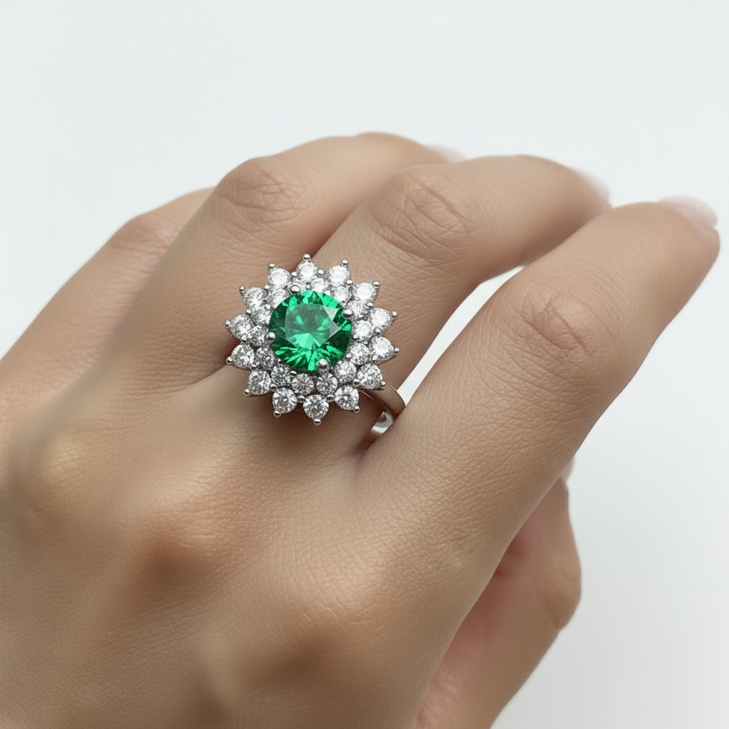 Juno Flower Ring – Colombian Green Emerald