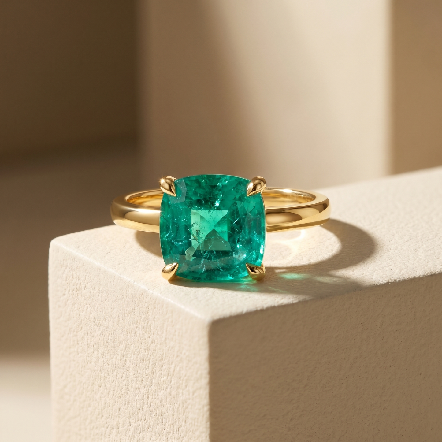 Aria Cushion Solitaire Ring – Colombian Green Emerald