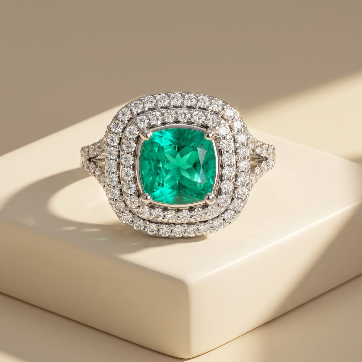Aria Double Halo Ring – Colombian Green Emerald