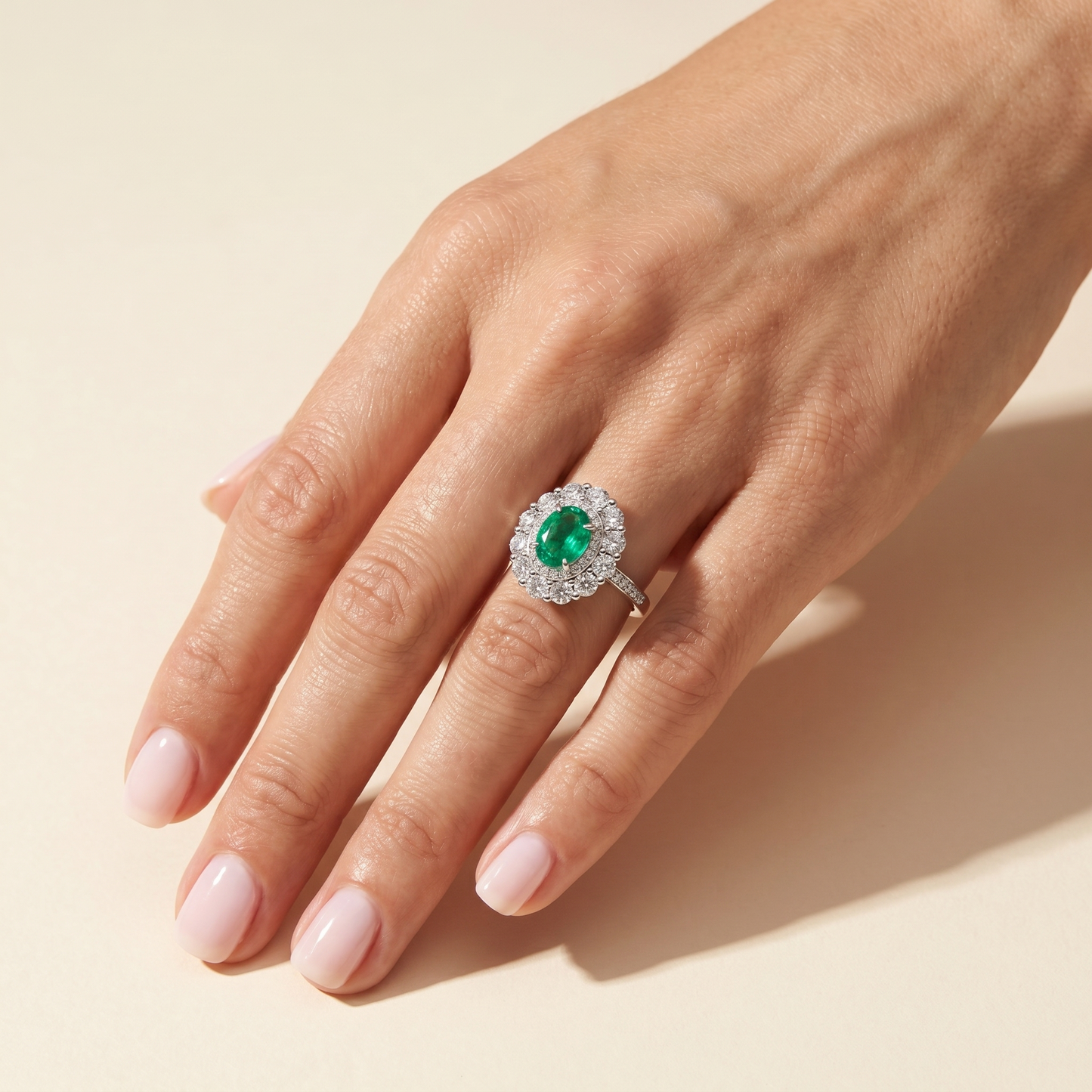 Velara Double Halo Ring – Colombian Green Emerald