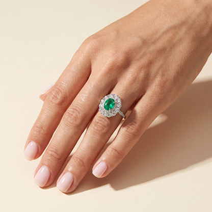 Velara Double Halo Ring – Colombian Green Emerald